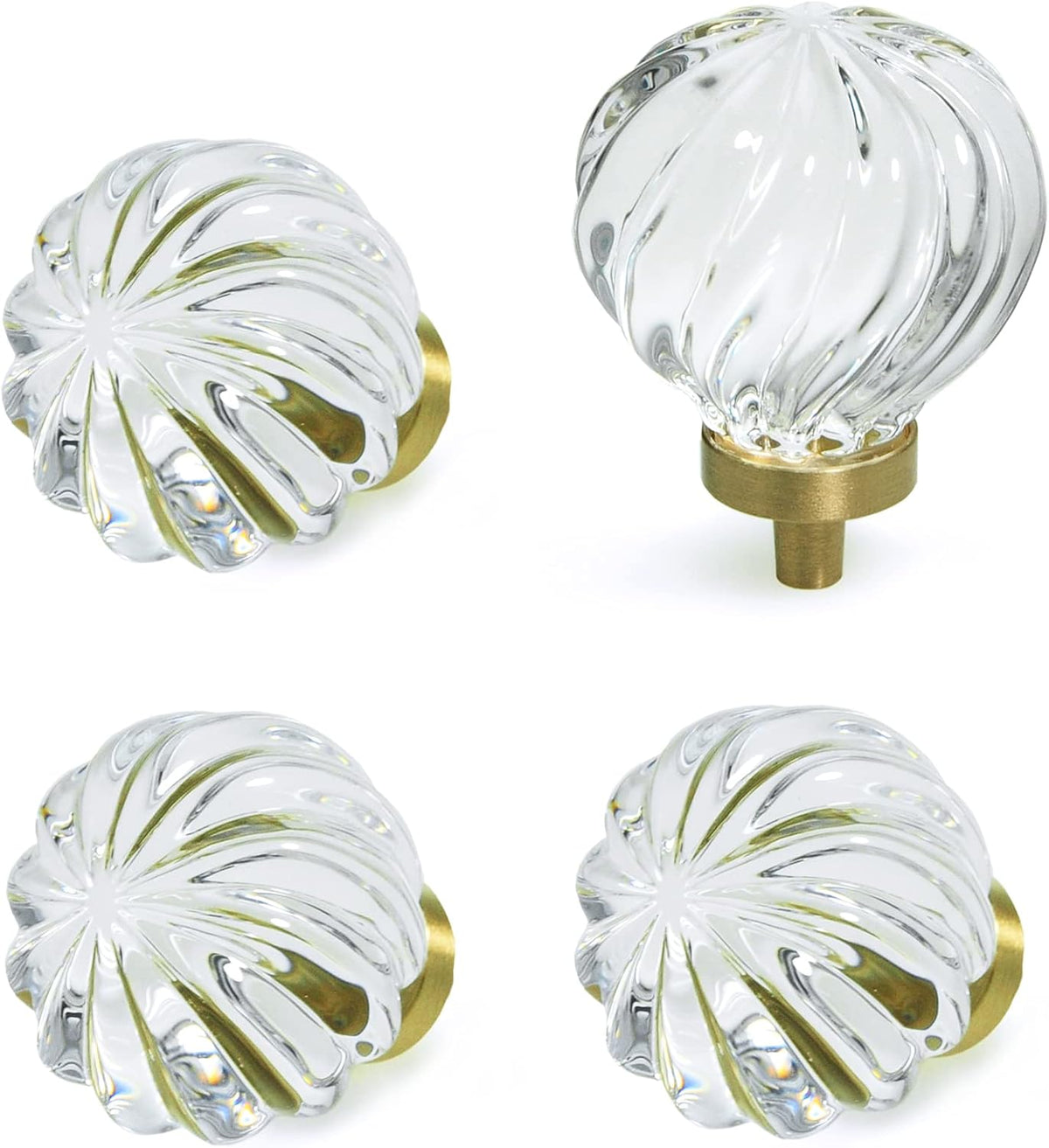 Vintage Crystal Cabinet Knobs with Gold Brass Base, Set of 4 - Spiral Shape - image 1
