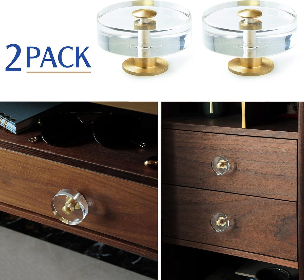 Large Acrylic Cabinet Knobs, Set of 2 - Gold / Round - image 4