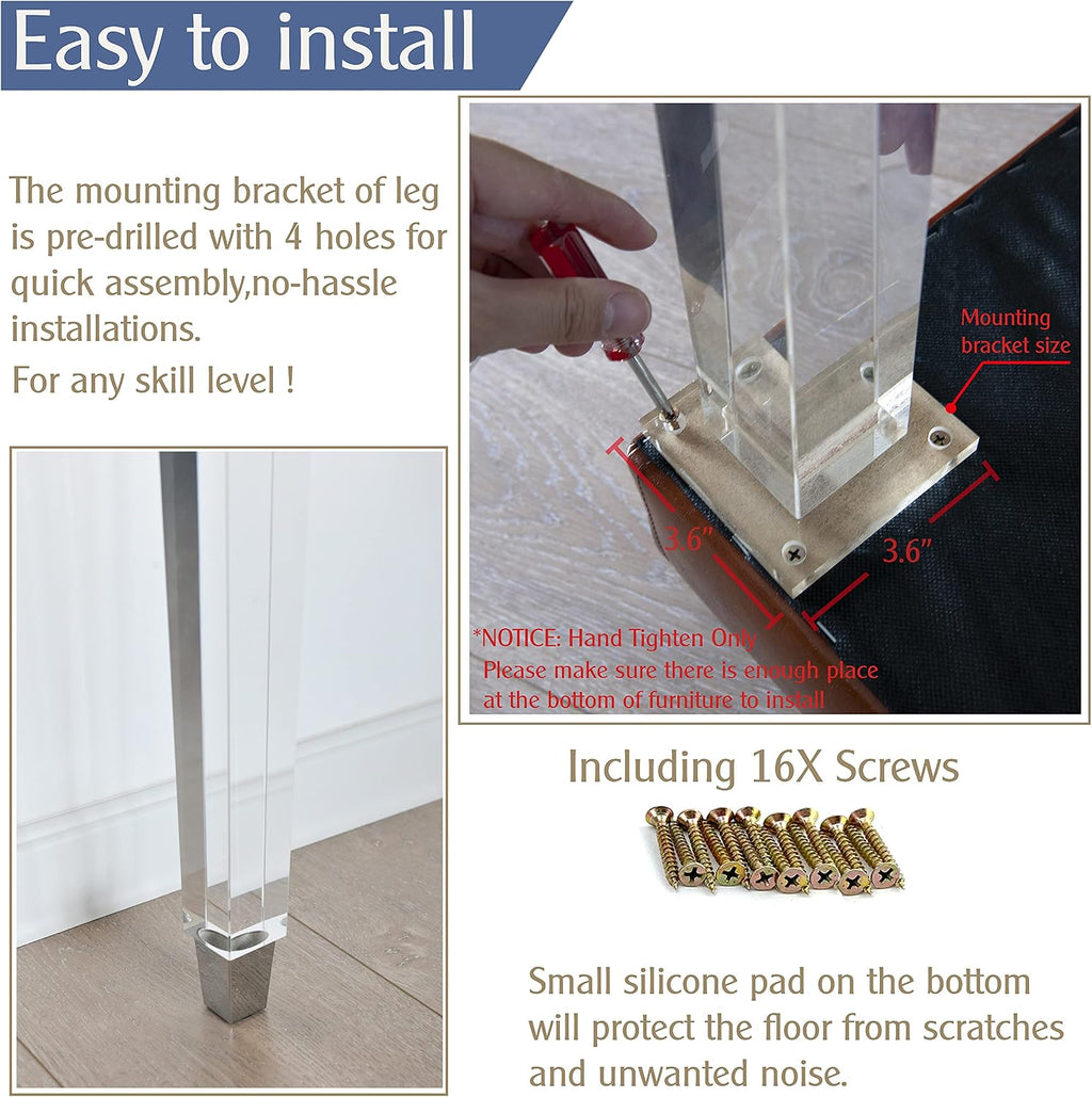 16-Inch Square Acrylic Furniture Legs, Set of 4 - Square Leg/Chrome Feet - image 5