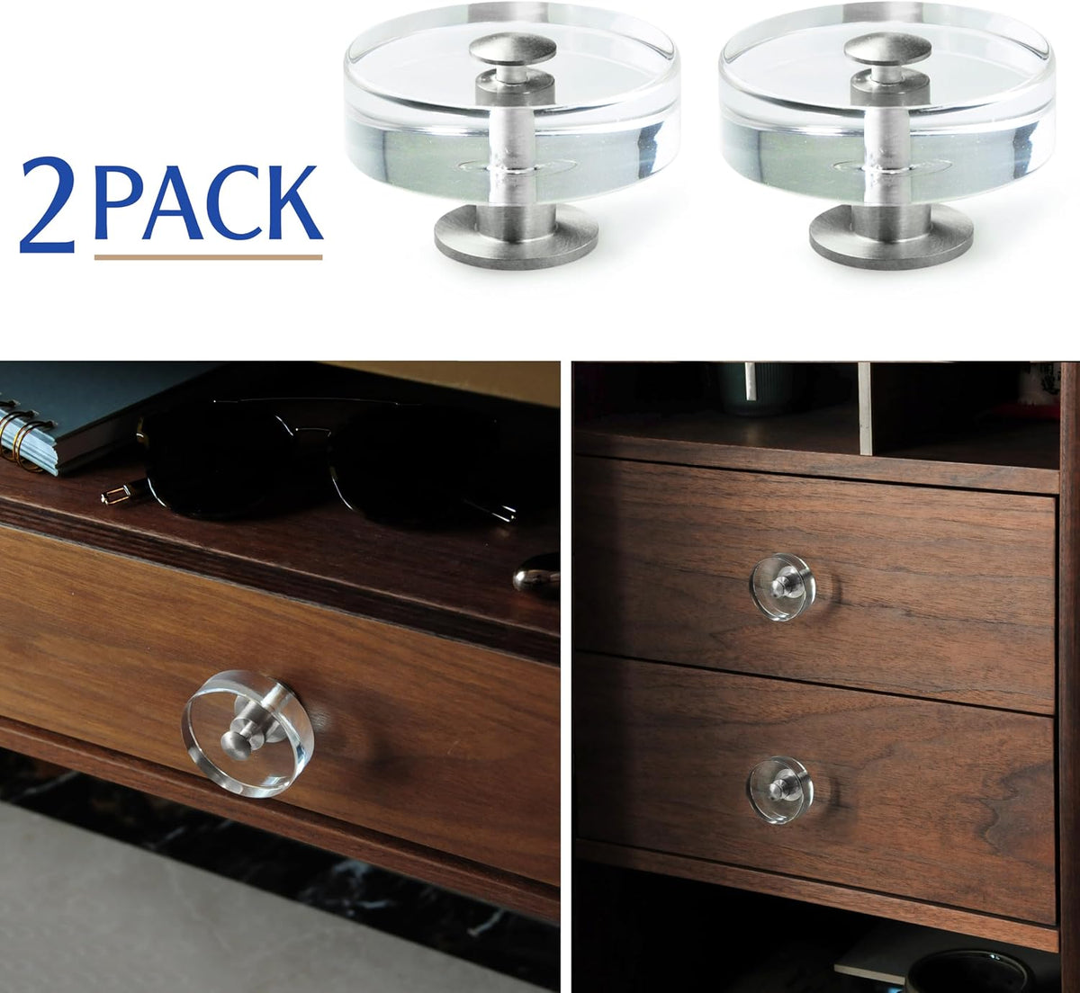 Large Acrylic Cabinet Knobs, Set of 2 - Silver / Round - image 4