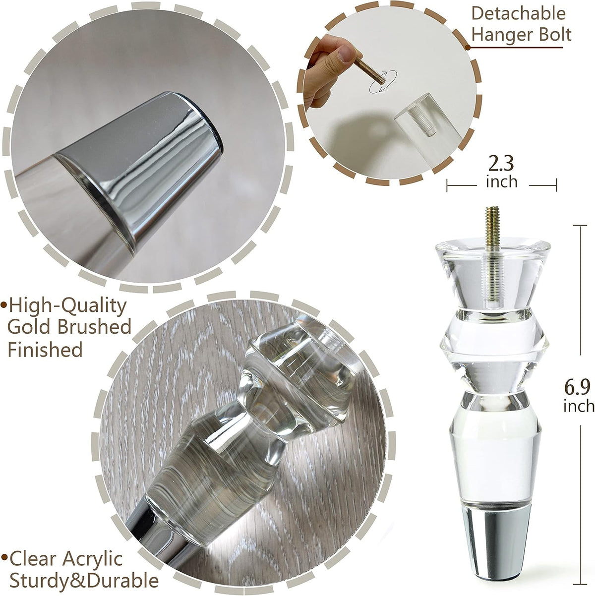 6.9-Inch Tapered Acrylic Furniture Legs, Set of 4 - Chrome - image 4