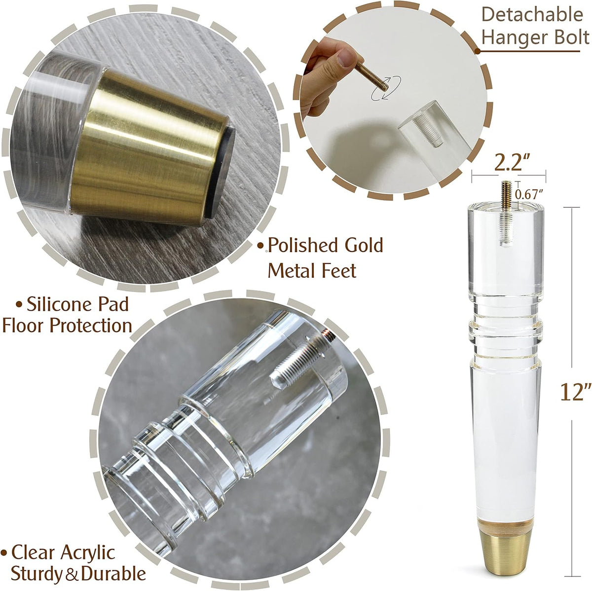 12-Inch Acrylic Furniture Legs, Set of 4 - Clear/Gold Feet - image 2