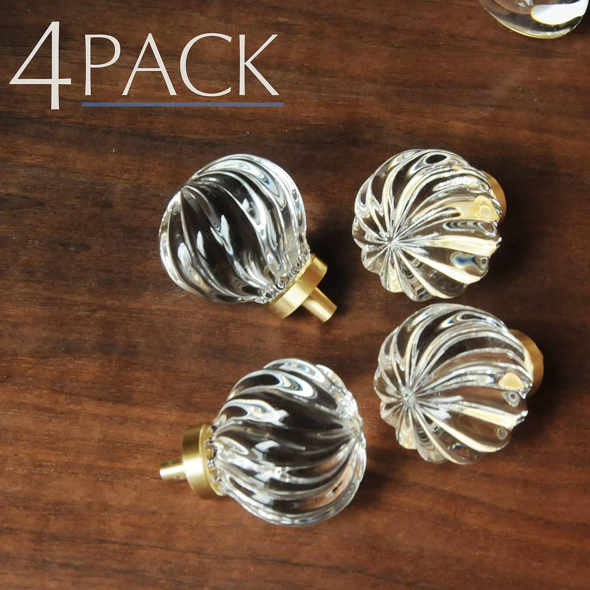 Vintage Crystal Cabinet Knobs with Gold Brass Base, Set of 4 - Spiral Shape - image 4