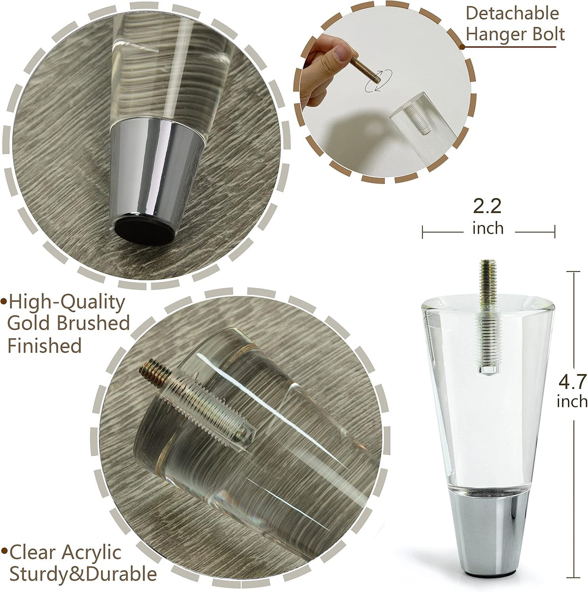 Tapered Acrylic Furniture Legs with Chrome Feet, Set of 4 - JR19007N - image 4