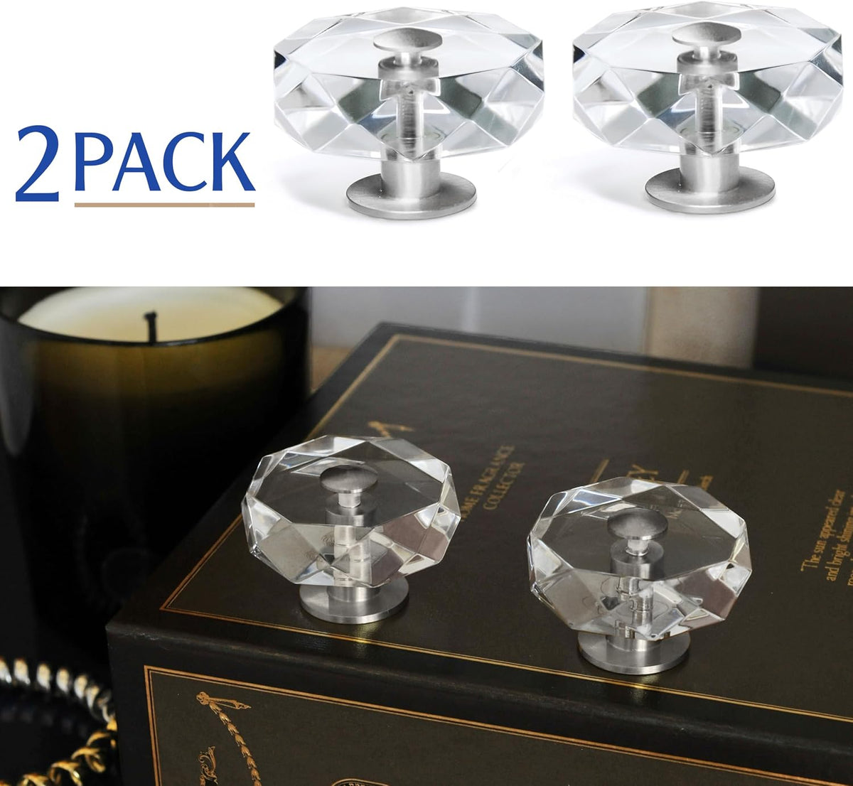 Large Acrylic Cabinet Knobs, Set of 2 - Silver / Polygon - image 4