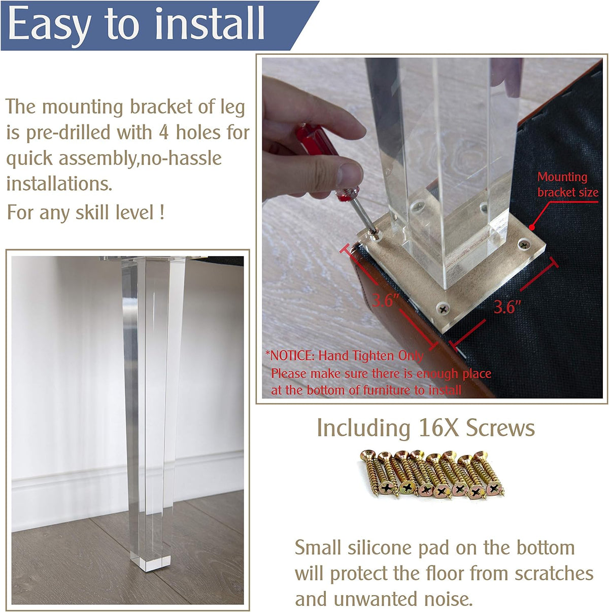 16-Inch Square Acrylic Furniture Legs, Set of 4 - Square Leg - image 5