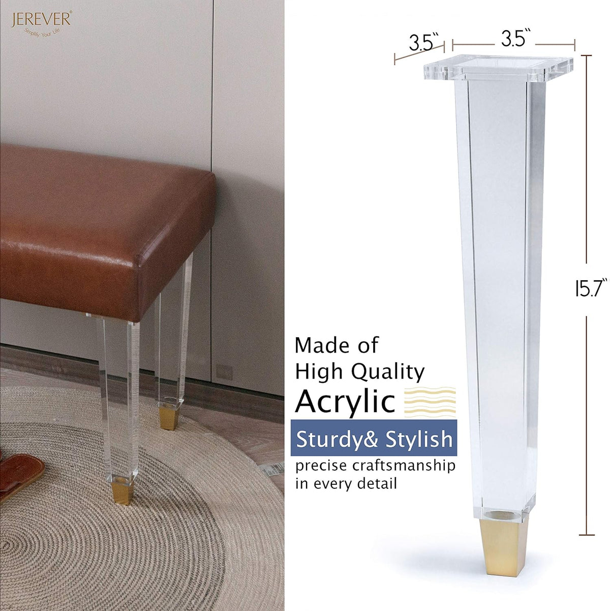 16-Inch Square Acrylic Furniture Legs, Set of 4 - Square Leg/Gold Feet - image 4