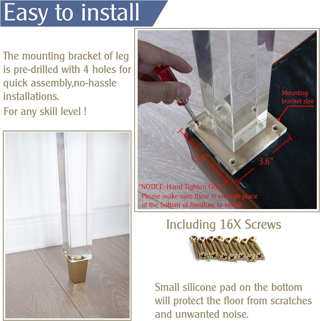 16-Inch Square Acrylic Furniture Legs, Set of 4 - Square Leg/Gold Feet - image 5