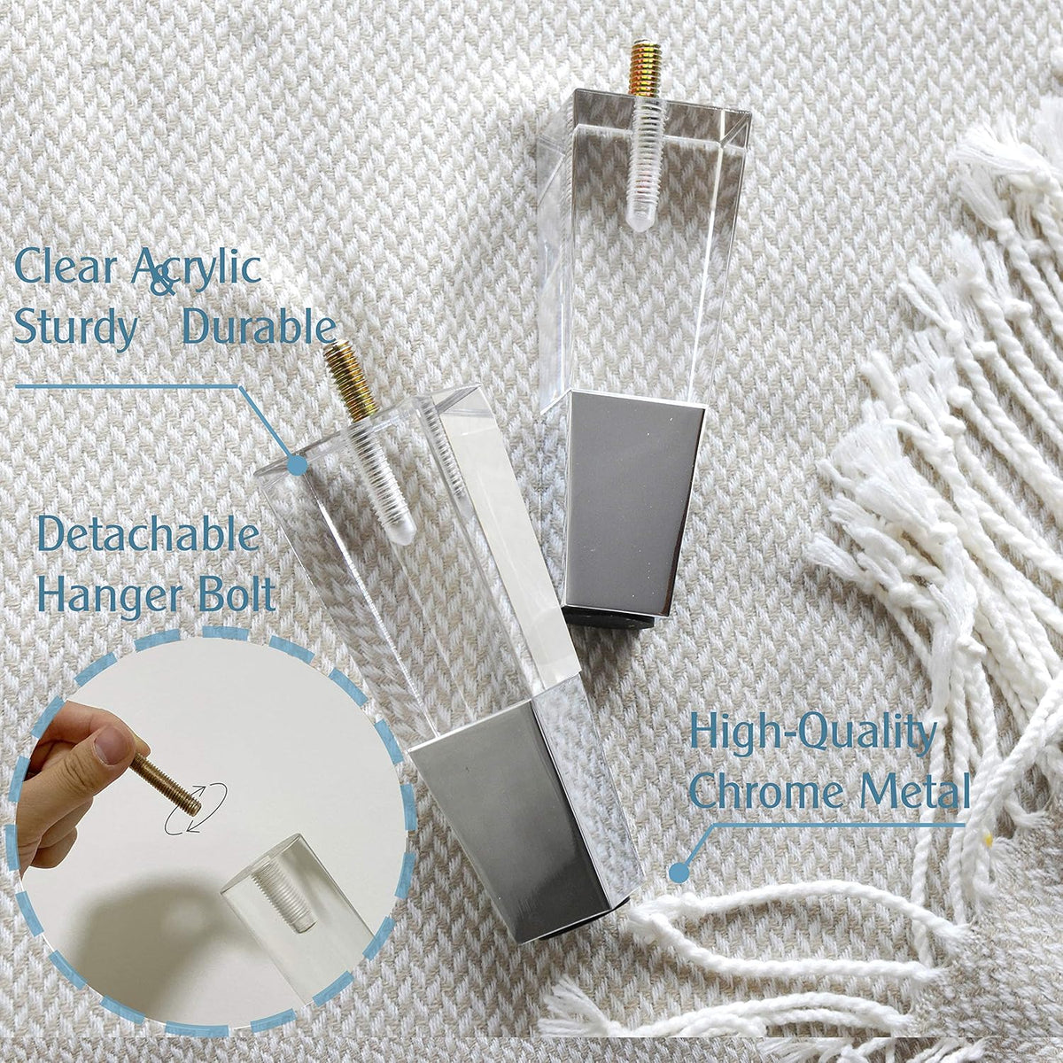 Square Acrylic Furniture Legs with Chrome Feet, Set of 4 - 4.7inch - image 4