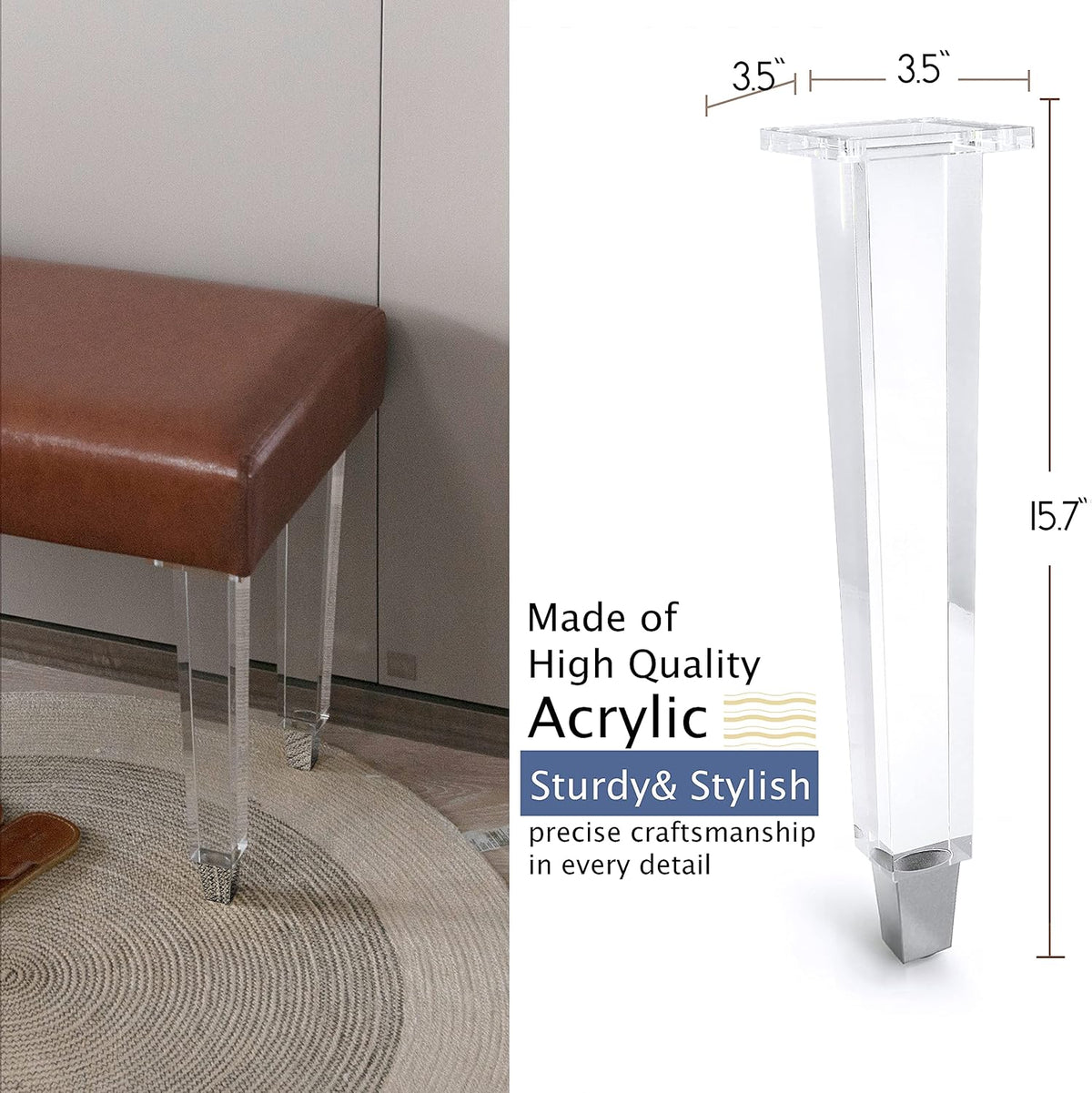 16-Inch Square Acrylic Furniture Legs, Set of 4 - Square Leg/Chrome Feet - image 2