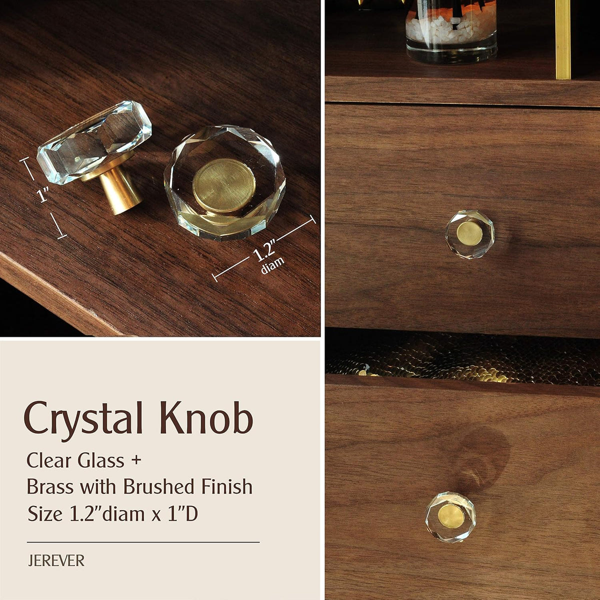 Crystal Cabinet Knobs with Gold Brass Base - 6 Pack / Polygon - image 2