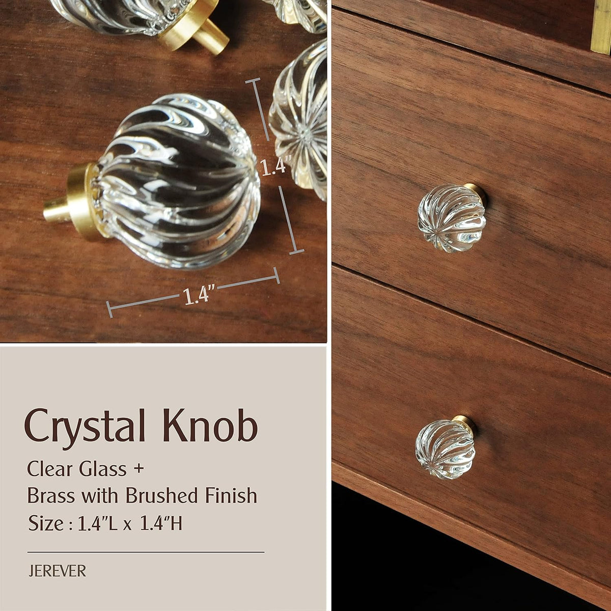 Vintage Crystal Cabinet Knobs with Gold Brass Base, Set of 4 - Spiral Shape - image 2